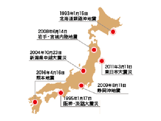 近年の日本の地震発生場所を示した図